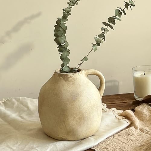 DOCFLVAS Ceramic Rustic Vase with Handle, Beige Vintage Pottery Flower
