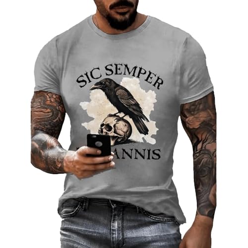 Men's Retro Sic Semper Tyrannis Tshirt Raven Skull Graphic Shirt