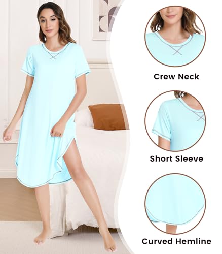 Image of NACHILA Women's Nightgowns-Viscose Made from Bamboo,Short Sleeve Sleepshirts Crew Neck Nightshirt Soft Sleep Dress