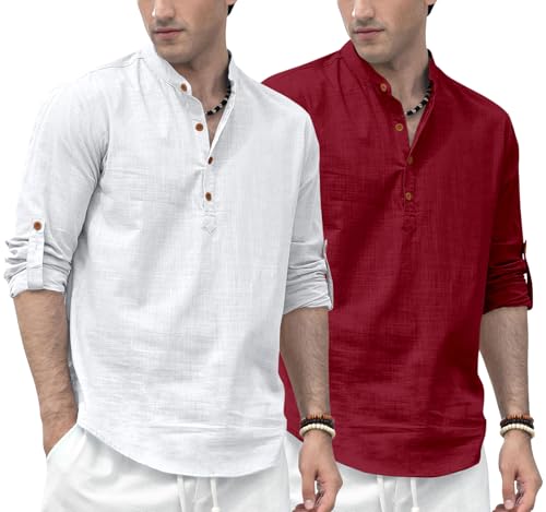 Image of Zombom Men's Combo Cotton Polyester Blend Solid Full Sleeve Straight Regular Fit Mandarin /Chinese Collor Kurta (Pack of 2)