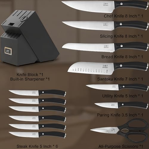 Newly Updated Chef Knife Set Sharp Blade Rivet Ergonomic Handle Knife Block Set Hundreds of Years of Masterful Craftsmanship(Black,15PCS)