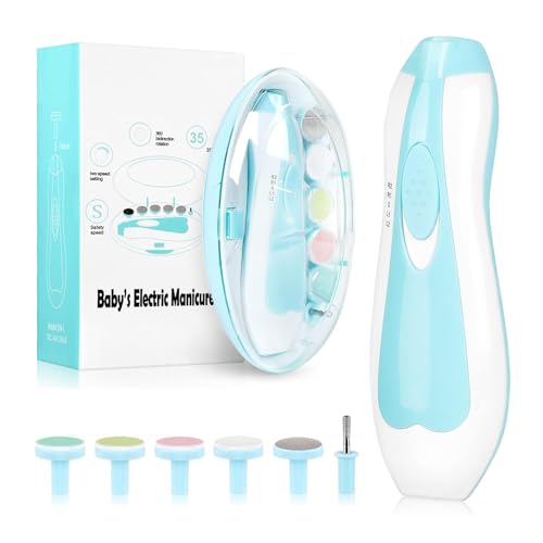 Image of Baby Nail Trimmer Electric, 14 in 1 Baby Nail Clippers, Baby Nail File Electric with LED Light, Baby Grooming Kit Manicure Set with 12 Grinding Heads for Toddler or Adults, Polish and Trim, Blue