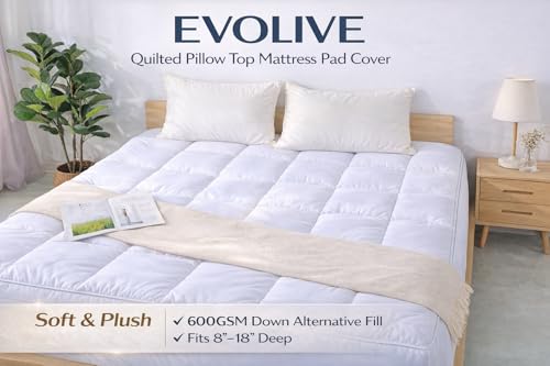 image for EVOLIVE Mattress Pad Cover Queen, Quilted Pillow Top Mattress Protecto