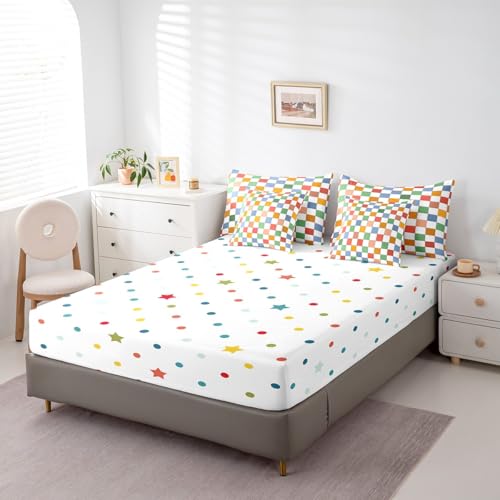 Image of Erosebridal Retro Checkered 7 Piece Bed in A Bag with Sheets Queen Vintage 60S 70S Funky Geometric Plaid Bedding Set Retro Checkerboard Grid Comforter Set for Kids Adults Groovy Aesthetic Bed Set