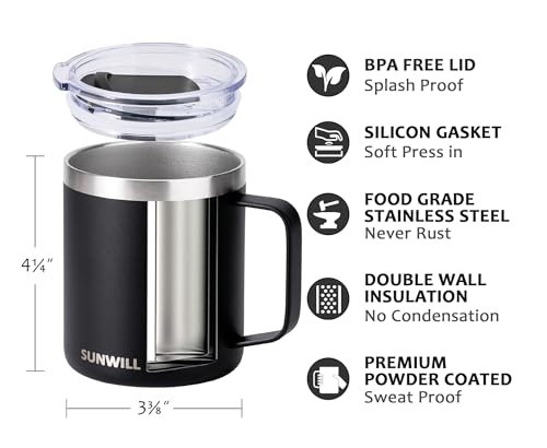 Image of SUNWILL Travel Coffee Mug with Lid, Insulated Tumbler with Handle, 14oz Stainless Steel Cup for Camping, Outdoor, Powder Coated Black