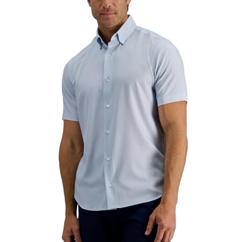 Haggar Men's Short Sleeve Performance Button-Down Patterned Shirt (Regular and Big and Tall) Sky Blue