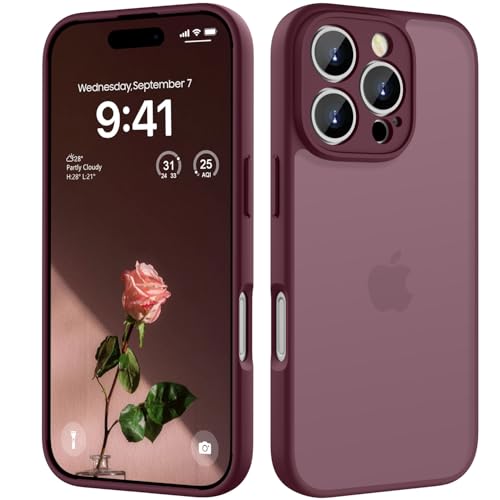 HGH für iPhone 16 Pro Max Hülle Vollständiger Kameraschutz Stoßfest Kratzfest Anti-Fingerabdruck Transluzente Rückseite Matt Handyhülle für iPhone 16 Pro Max Case 6 9 Zoll Dunkel Rot