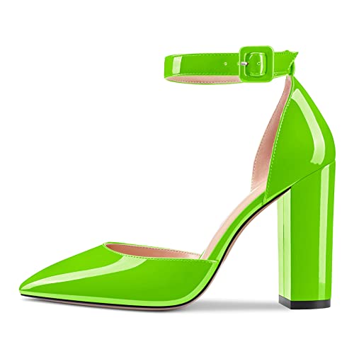 MAGIOPY Damen Chunky Blockabsatz Hoher High Absatz Heel Spitze Zehenkappe Knöchelriemen Pumps Klassisch Sexy Party 10 cm Heels Schuhe Smaragd Grün 35 EU Cover