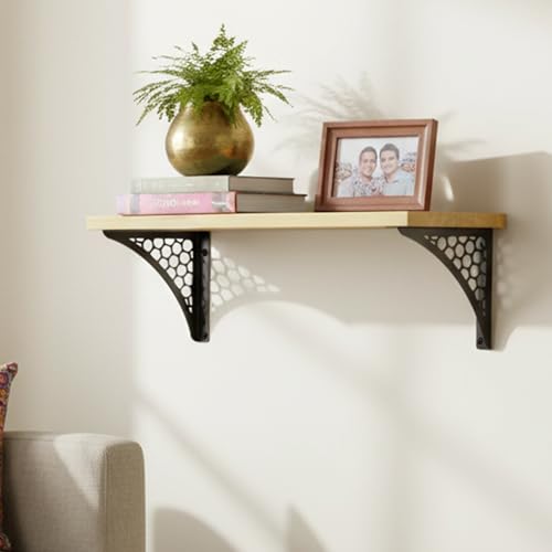 Image of Wall Shelf with Wooden Top Black|White Iron Brackets Storage Rack|Industrial Wall-Mounted Floating Shelf for Living Room,Kitchen,Bathroom (Black Hexagon Large)