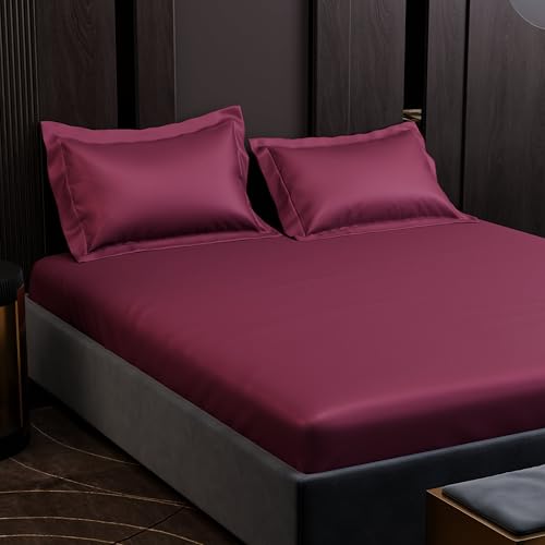 Image of Stoa Paris 350TC Luxstre Cotton Double Fitted Bedding Set with 2 Pillow Covers, All-Around Elastic Fitted Bedsheet 152cm x 198cm + 30cm Drop, All Season Comfort, Breathable, Panache - Maroon