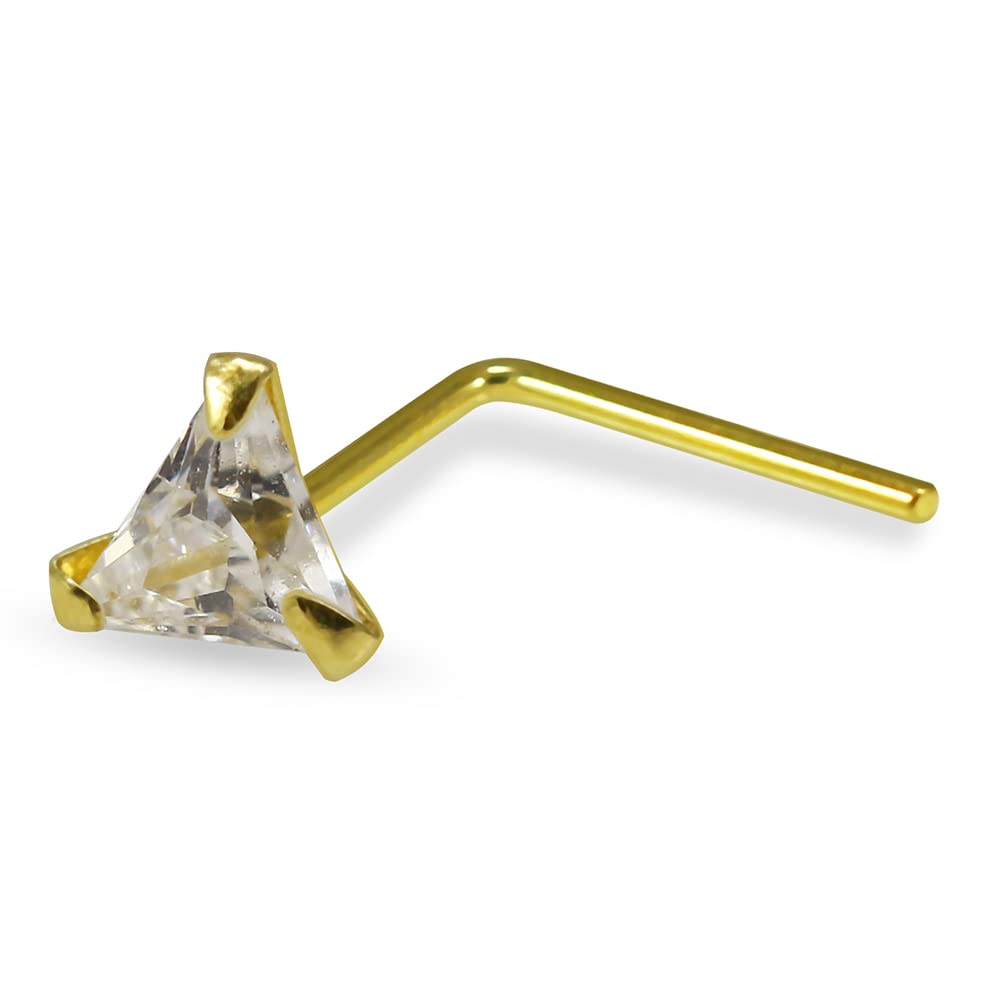 PiercingPoint9K Solid Yellow Gold Nose Ring- Triangle Cz Stone Solid Gold Nose Ring- Unique Nose Ring- Gold L Shape Nose Stud- Thin Nose Ring- 22 Gauge Nose Ring