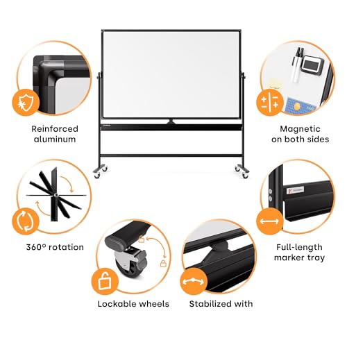 Image of Rolling Dry Erase Board 96 x 46 - Large Portable Magnetic Whiteboard with Stand - Double Sided Easel Style Whiteboard with Wheels - Mobile Standing White Board for Office, Classroom & Home