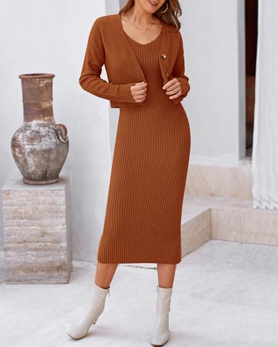 BTFBM Women Fall Knit Sweater Dress Set Bodycon Slit Midi Dresses Button Down Long Sleeve Cropped Cardigan 2 Piece Sets3