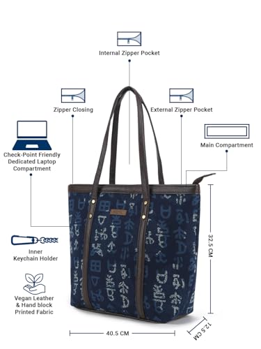 Image of NEPRI Printed Office Tote Bag | Laptop Bag 15.6 inch | Stylish Tote Bags for Office Use | Purse for Women | Vegan Leather & Handblock Printed Fabric Handbag | Daily & Travel Use