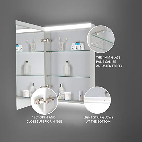 Exbrite 24''X 30''Led Lighted Bathroom Medicine Cabinet With Mirror,Surface Lighted Medicine Cabinet,Dimmable,Adjustable Shelves,Intelligent Switch Medicine Cabinet, Aluminum Frame,Hinge On Left Side #TOP2
