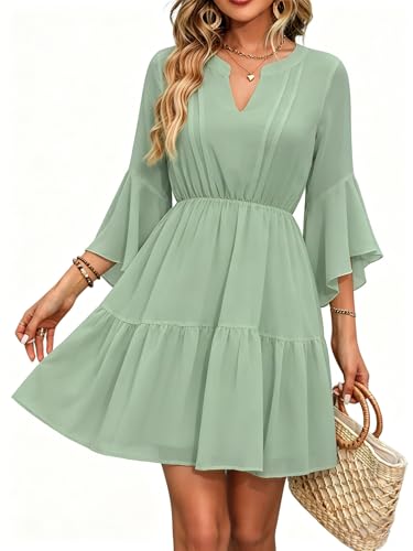 Image of Womens Spring Summer Mini Dress Western Ruffled Sleeve Chiffon V Neck Flowy A Line Short Wedding Guest Party Dresses