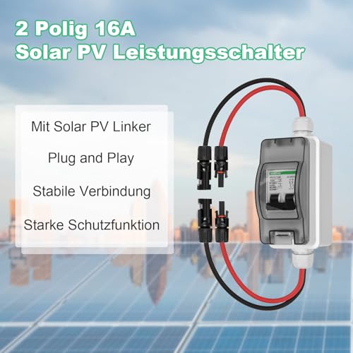 TEOV DC Trennschalter Solar PV, 2P 16A 1000V Leistungsschalter mit Kabel IP65 Wasserdicht Trennschalter für Solar PV Anlage
