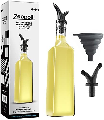 Zeppoli Kitchen Oil and Vinegar Bottle Dispenser Set with Removable Cork - Dual Spout, Pouring Funnel, 2 Spout Seals, 17 oz Olive Oil Bottle and Vinegar Glass Set