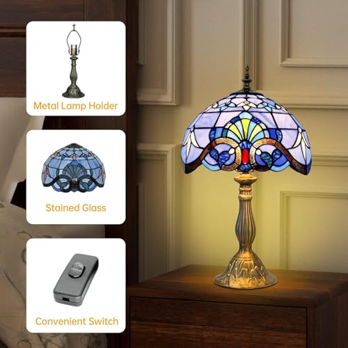BLUE 12 Inches Tiffany Style Table Lamp,Blue Stained Glass Lamp, Vintage Lamp for Bedroom,Living Room,Home Office（Including 2 LED Bulbs）