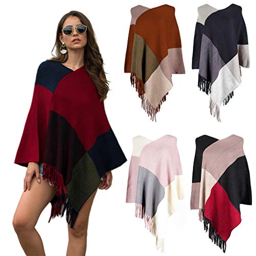 Q-XIAOKEAI Poncho feminino color block capa assimétrica borla tricô xale pulôver suéter