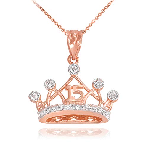 10k Rose Gold Sweet 15 Años Quinceanera Crown Pendant Necklace with Cubic Zirconia, 18