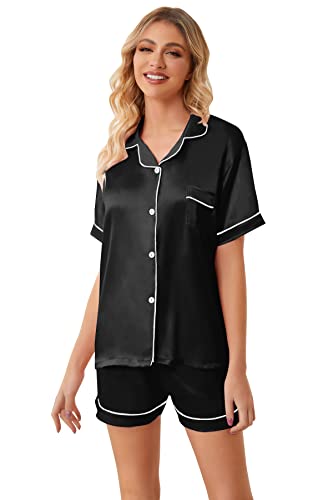 Image of Umeyda Women & Girls Pajamas Set, Soft Satin Lightweight Silk Button-Down Top with Shorts 2 Piece PJS for Mom Boys Kids Gifts
