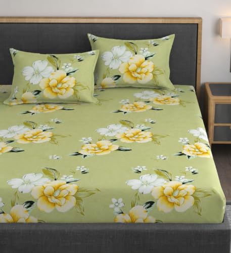 Image of Vaini Premium Heavy Cotton Elastic Fitted Bedsheets with 2 King Size Pillow Covers || Double Bed with All Around Elastic 350 (Light Green Flower, 72x72 Inch King Fitted)