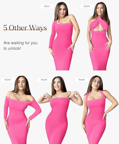 Image of Popilush Long Sleeve Midi Dresses for Women, Built-in Bra Shapewear Dress | Bodycon, Tummy Control, Square Neck, Cocktail Party and Dinners
