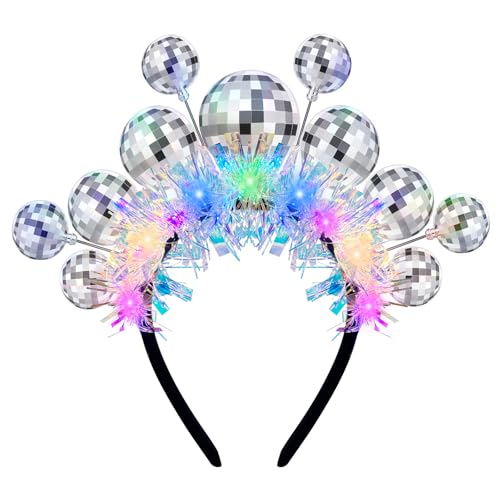 Hiwtonk Halloween Light Up Disco Ball Headband Silver 70s Disco Headwear for Women Girls Christmas New Year Eve Halloween Party Hair Accessories