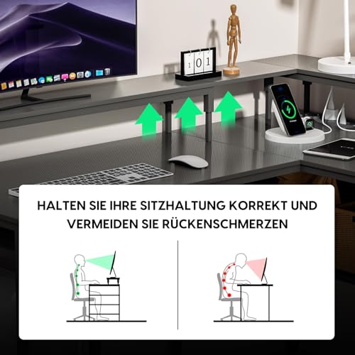 WASAGUN Scrivania da gioco a forma di L, con luci a LED, tavolo da gioco con prese di corrente, scrivania angolare da 55" con supporto per monitor, per casa, ufficio, scrivania industriale, nero - Immagine 5