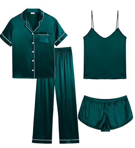Image of SWOMOG Women Plus Size Pajama Set 4pcs Silk Satin Sleepwear Button Down Pjs Cami Shorts Set Loose Loungewear 16W-26W