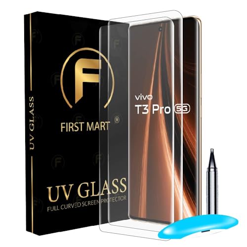 Image of FIRST MART Military Grade UV Tempered Glass For Vivo T3 Pro, Vivo T3 Ultra and T2 Pro 5G (6.78 Inch) With Edge To Edge Full Screen Coverage & Easy UV Installation Kit | Crystal Clear, Pack of 2