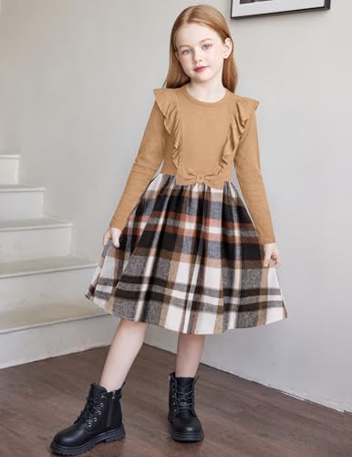 Arshiner Girls Fall Winter Dress Plaid Ribbed Ruffles Long Sleeve Dresses Cute Bowknot Little Girls Clothes 2-6 Years2