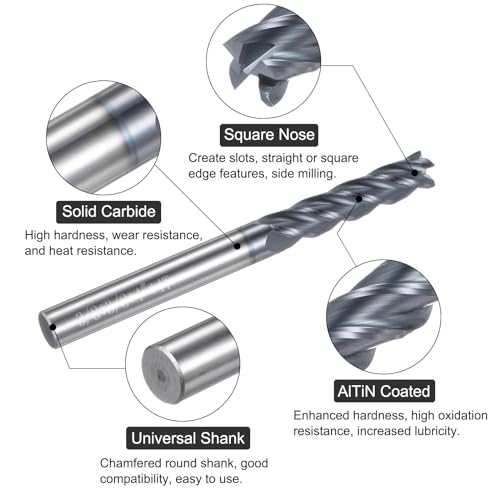 Image of uxcell Carbide Square End Mill, 3 /8 inch Diameter AlTiN Coated 4 Flutes Milling Bit Cutter, for Carbon Steel Alloy Steel Titanium Metal, 3 /8 inch Shank 1-3 /4 inch Cut Length 4 inch Extra Long HRC55