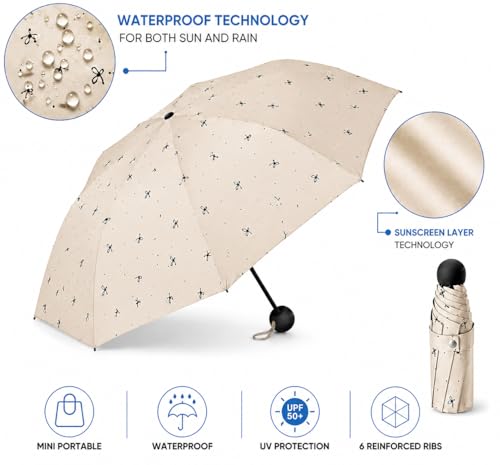 Image of Mini Umbrella with Case for Men & Women (Manual Open) Compact Travelling Pocket Umbrella, Polyester & UV Protect Fabric for Summer /Anti-Slip Handle- Use in Rain & Summer (Beige-Print)
