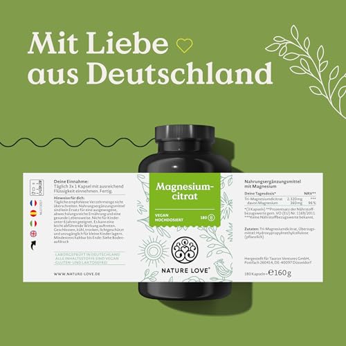 NATURE LOVE® Magnesiumcitrat – 2.320 mg Magnesiumcitrat (davon 360 mg elementares Magnesium) – 180 Kapseln – hochdosiert, laborgeprüft, ohne Zusätze, vegan & entwickelt in Deutschland