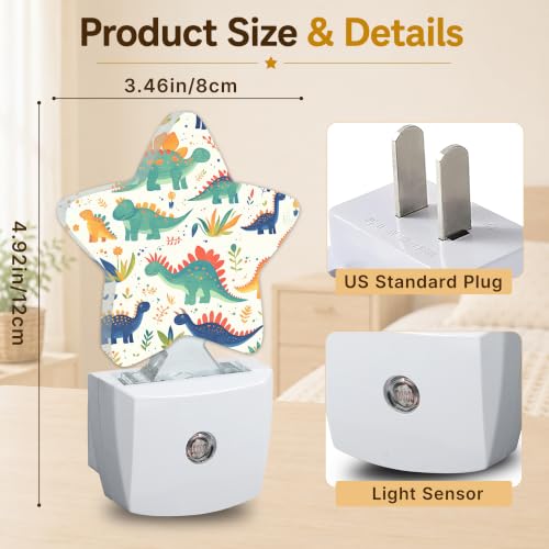 Image of Cute Dinosaur Star Night Light Plug in, Decorative Night Light for Kids Room Nursery Bedroom, Soft Glow Sensor Lamp for Hallway Bathroom, Compact Energy Saving