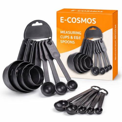 E-Cosmos Plastic Measuring Spoon and Cup Set, 8-Pieces (Black, Pack of 1), Mix Size (EC-Cup-Black)
