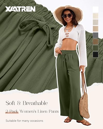 2 Pack Women's Linen Pants Summer Wide Leg Drawstring Elastic Waist Pant Casual Loose Fit Beach Trousers with Pockets(Army Green, Black,Medium)3
