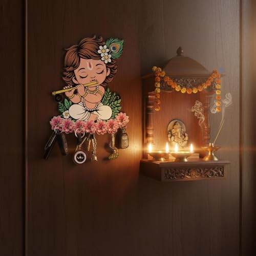 Image of JIVAY Baby Krishna Decorative Wall Mounted Key Holder for Home Wooden Key Hanger with 7 Hooks Designer Key Stand for Living Room, Entrance & Office Home Decor Gift Item (Pack of 2)