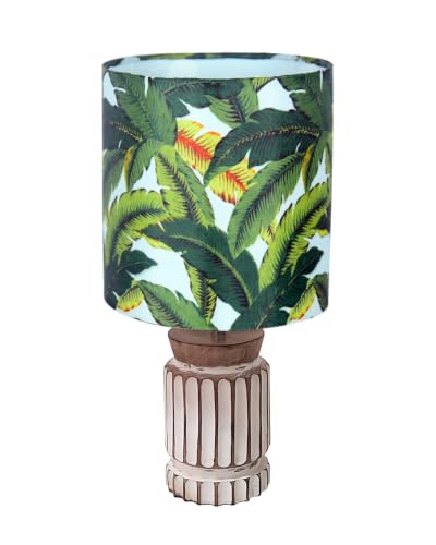 Image of Homesake Retro Farmhouse LED Table Lamp for Living Room Bedroom Rustic Linen Bedside Nightstand Lamps for Kids Room Study Office Wood Night Lamp, Carved Cylinder, (Green Leaf)