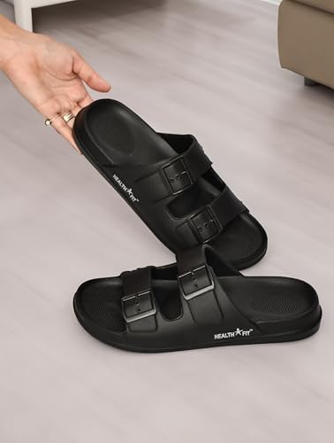 Image of HEALTH FIT Extra Soft Premium Classic Cushion Sliders /Slippers with Adjustable Buckle Strap & Light Weight Anti-SkidWaterproof Flip Flops for Men's HF150