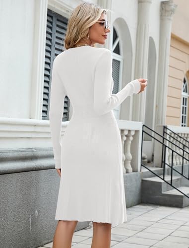 ZAFUL Women's Long Sleeve Midi Sweater Dresses Fall V Neck Ribbed Knit Pleated A-Line Fitted Elegant Work Dress 20254