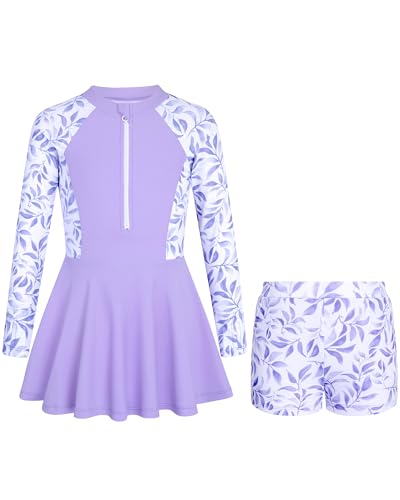 Image of HOZIY Girls Long Sleeve Swimsuit Two Piece Rash Guard Dress with Swim Shorts Front Zip for Kids Tween Teens UPF 50+