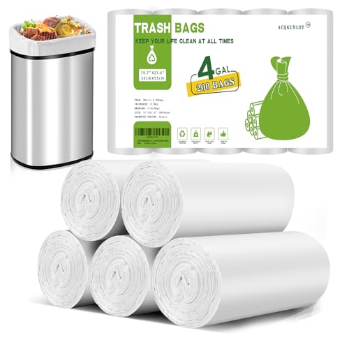 4 Gallon Biodegradable-Trash-Bag Small-Garbage-Bags For Bathroom - White Compostable 200 Count Unscented Kitchen Can Liners Office Waste Basket 15L Tiny Recyclable Acqkunlo
