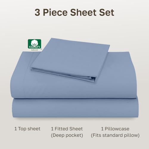 Image of California Design Den Twin Sheets Set - Natural 100% Cotton Sheets with 12 inch Pockets, Soft Sateen Weave, Breathable and Durable Bedding Set for Dorm Rooms, College (Blue Hydrangea)