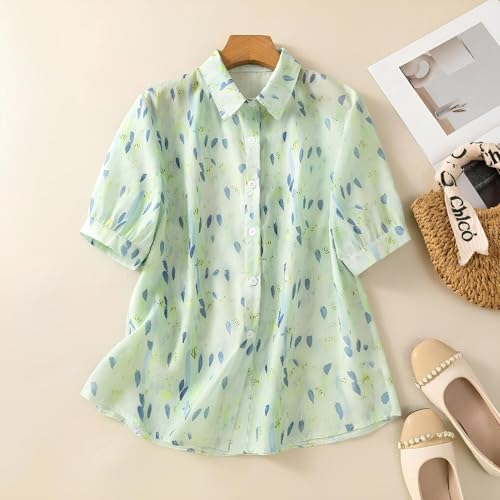 Image of Gufrina Women's Sea Green Leaf Printed Western Shirt with Button Down Front, Puff Sleeves and Relaxed Fit Design