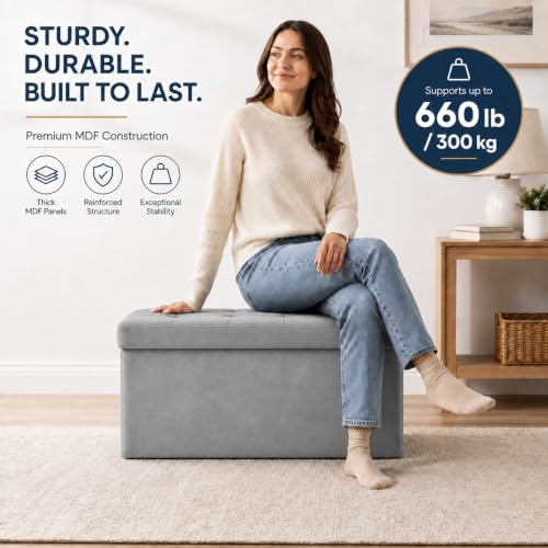 Image of ALASDO 30 Inch Folding Storage Ottoman Bench with Hidden Storage, Velvet Storage Ottoman Foot Rest Stool, End of Bed Bench for Bedroom, Living Room, Entryway and Closet, Dark Gray