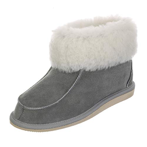 Hollert Damen & Herren Lammfell Hausschuhe ZUGSPITZE GRAU 100% Merino Schaffell für Wohlgefühl - warm, atmungsaktiv Schuhgröße EUR 42