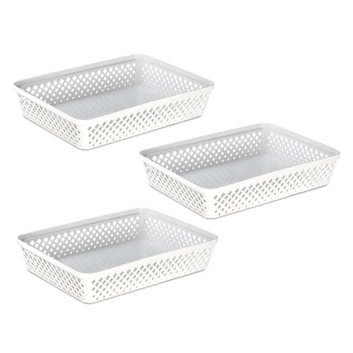 Image of Glad Plastic Storage Basket Set - Multipurpose Drawer Trays, Kitchen Pantry Containers, and Bathroom Bins - 3 Pack Large Organizers, White
